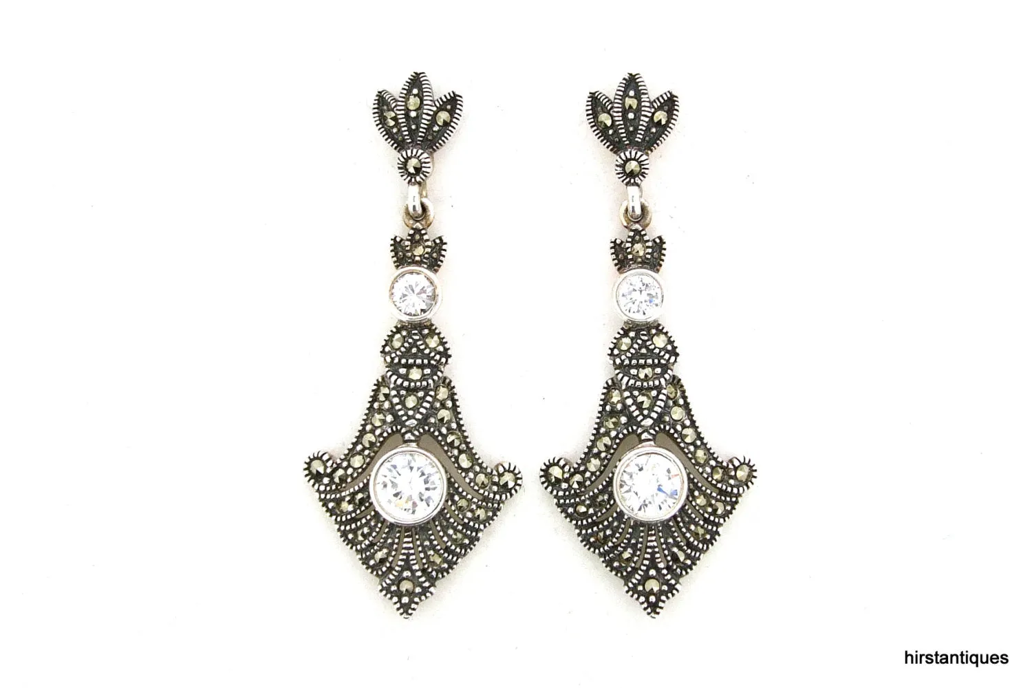 Crystal Spear Drop Silver Marcasite Earrings