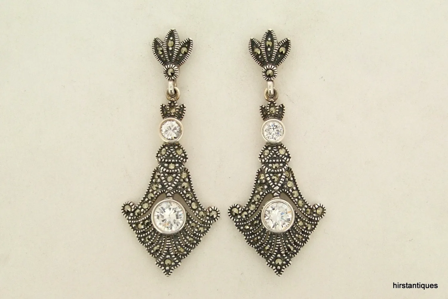 Crystal Spear Drop Silver Marcasite Earrings