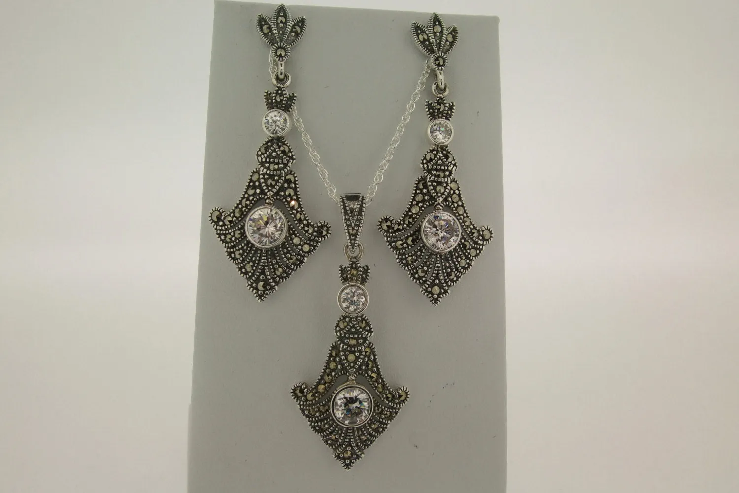 Crystal Spear Drop Silver Marcasite Earrings