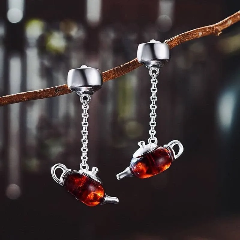 Cute Amber Teapot Dangle Earrings