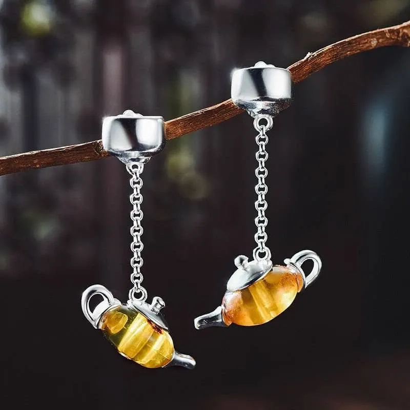 Cute Amber Teapot Dangle Earrings