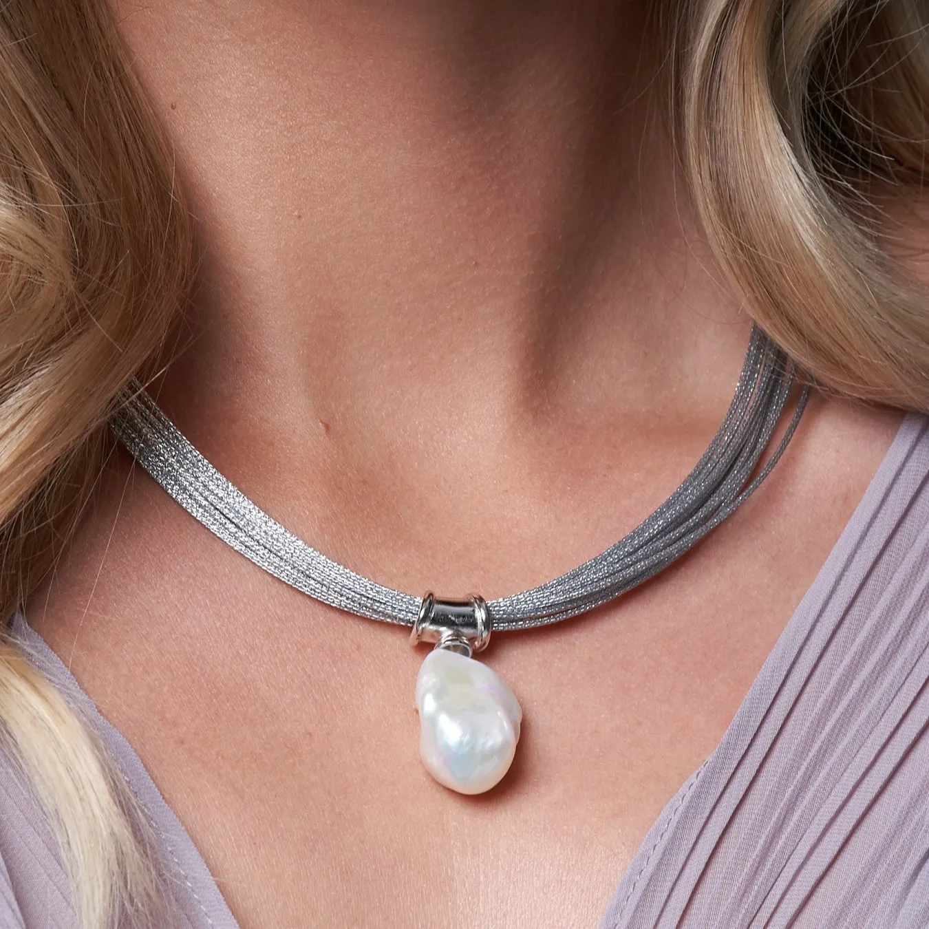 Decus large baroque 'fireball' cultured freshwater pearl drop on multi-strand silver necklace