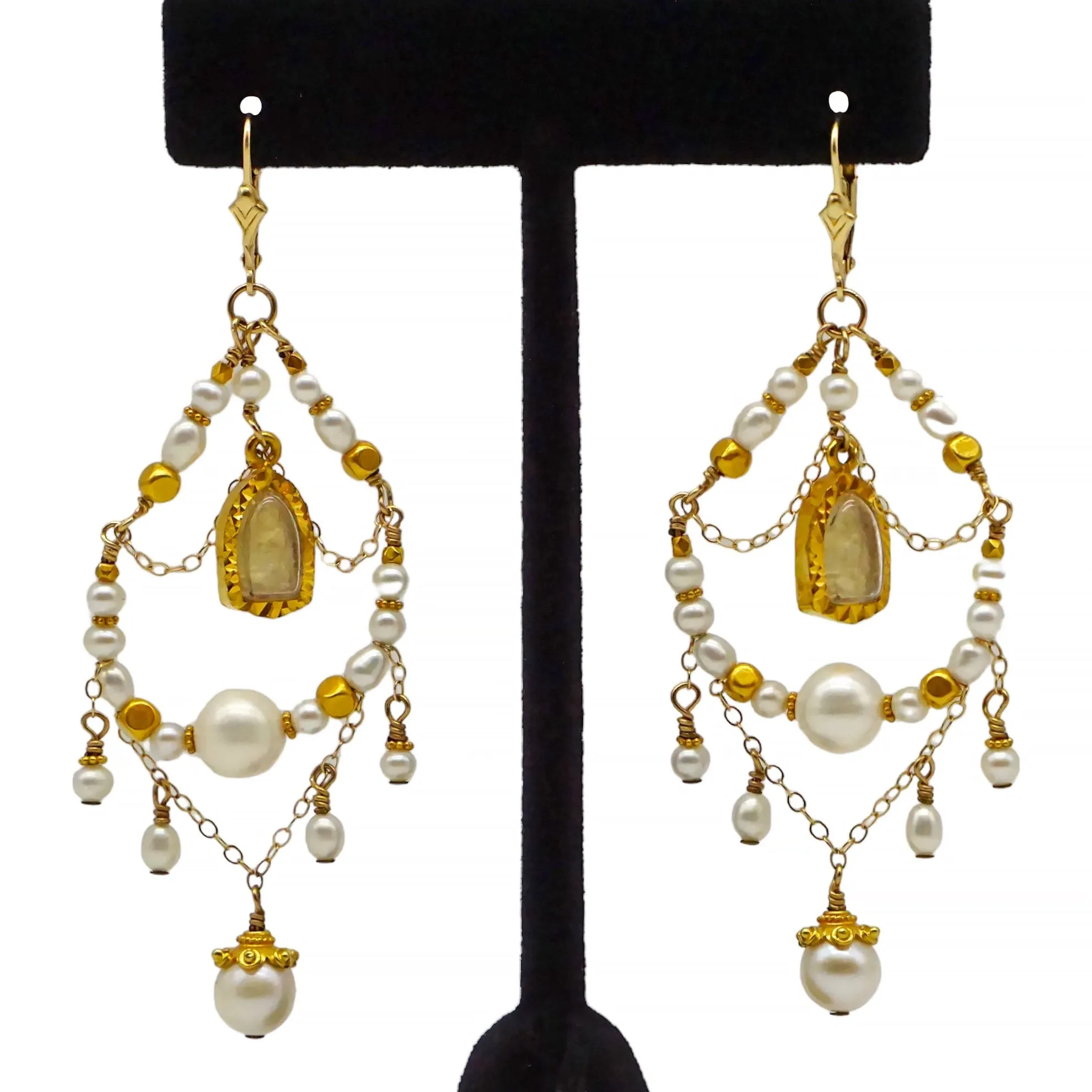 EARRINGS 14K Gold Pearl, Medallion & Chain Chandelier Earrings