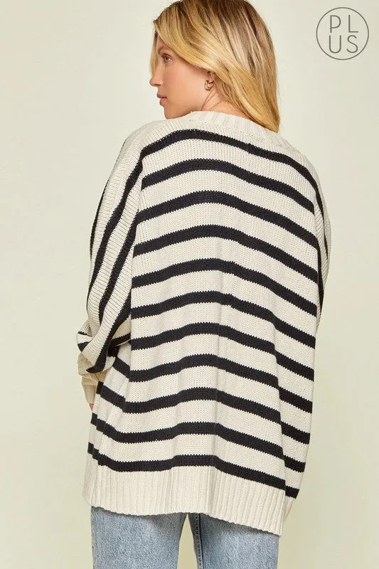 Easy Fit Beige and Black Striped Sweater Cardigan {Andree by Unit}