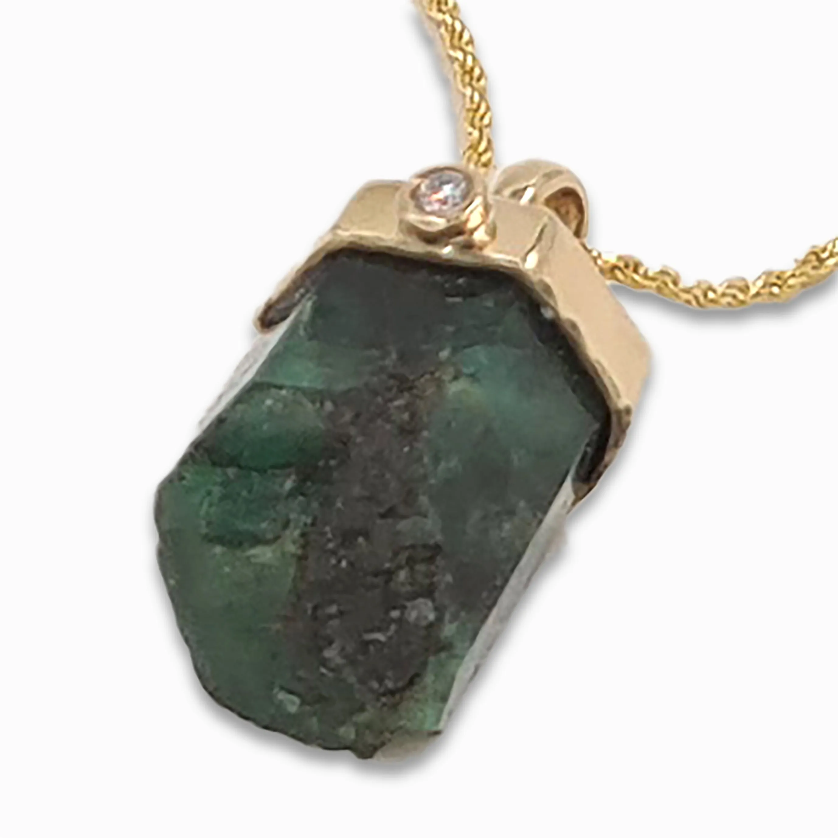 Genuine Raw Emerald 14K gold pendant with Diamond