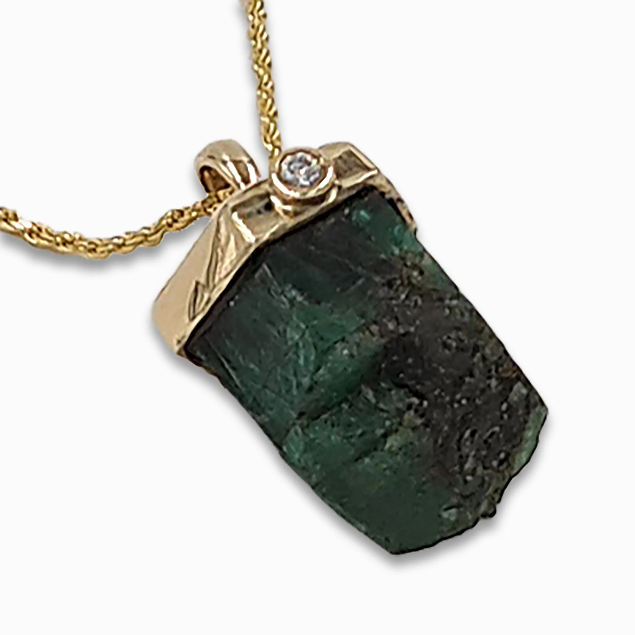 Genuine Raw Emerald 14K gold pendant with Diamond