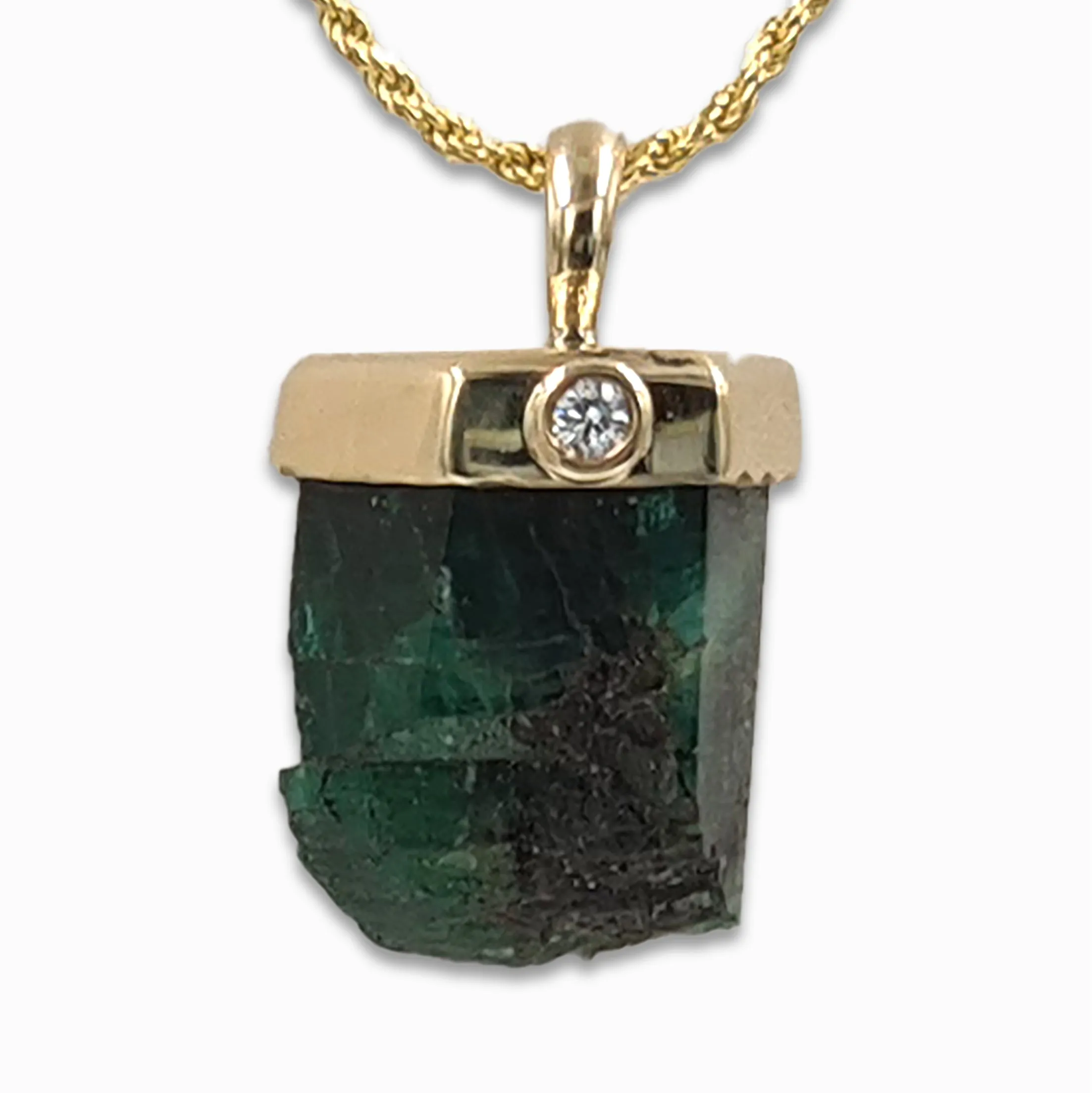 Genuine Raw Emerald 14K gold pendant with Diamond