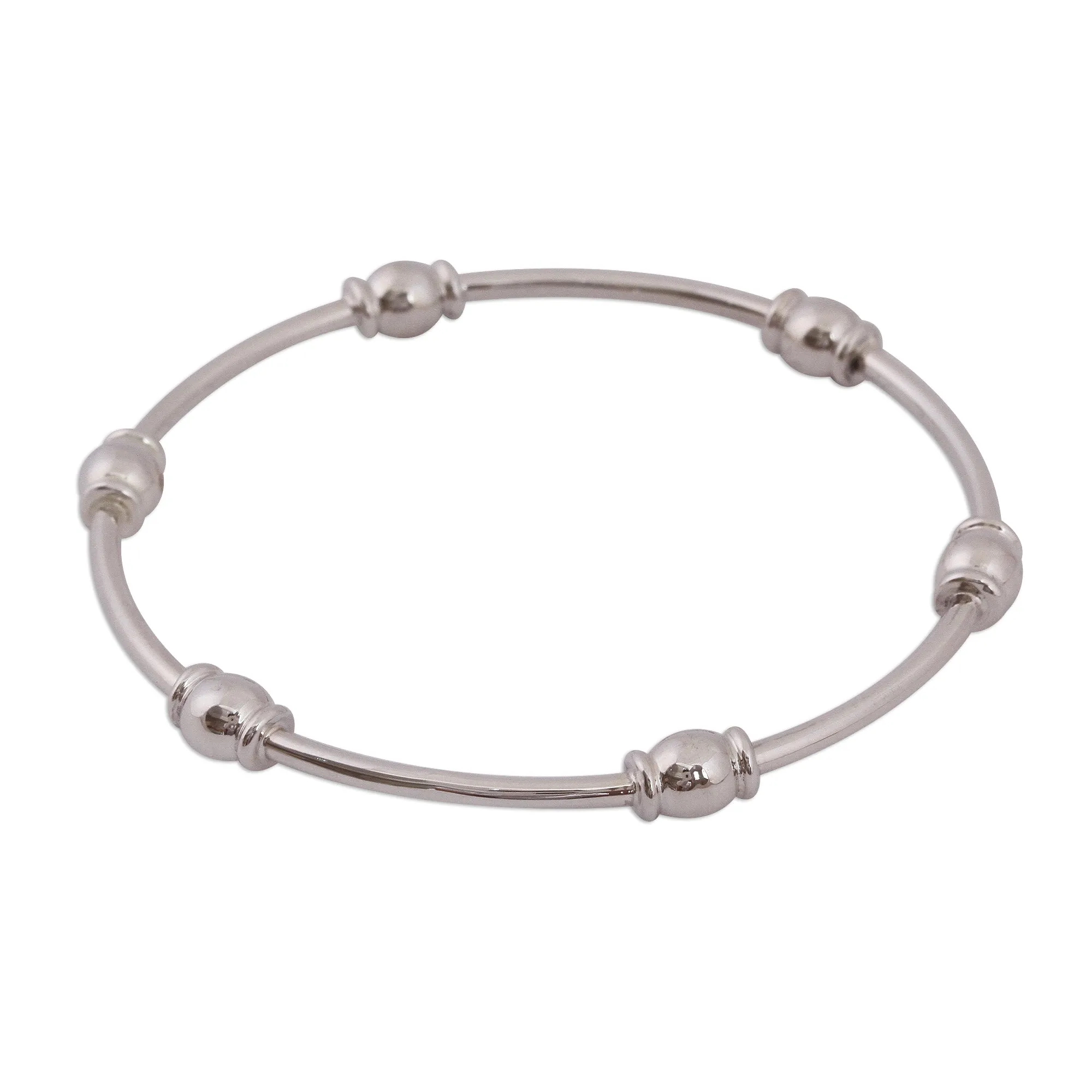 Gleaming Sterling Silver Bangle Bracelet from Mexico - Six Beads | NOVICA