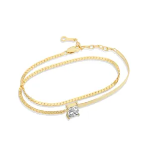 Gold Curved Bar Rectangular CZ Double Wrap Bracelet