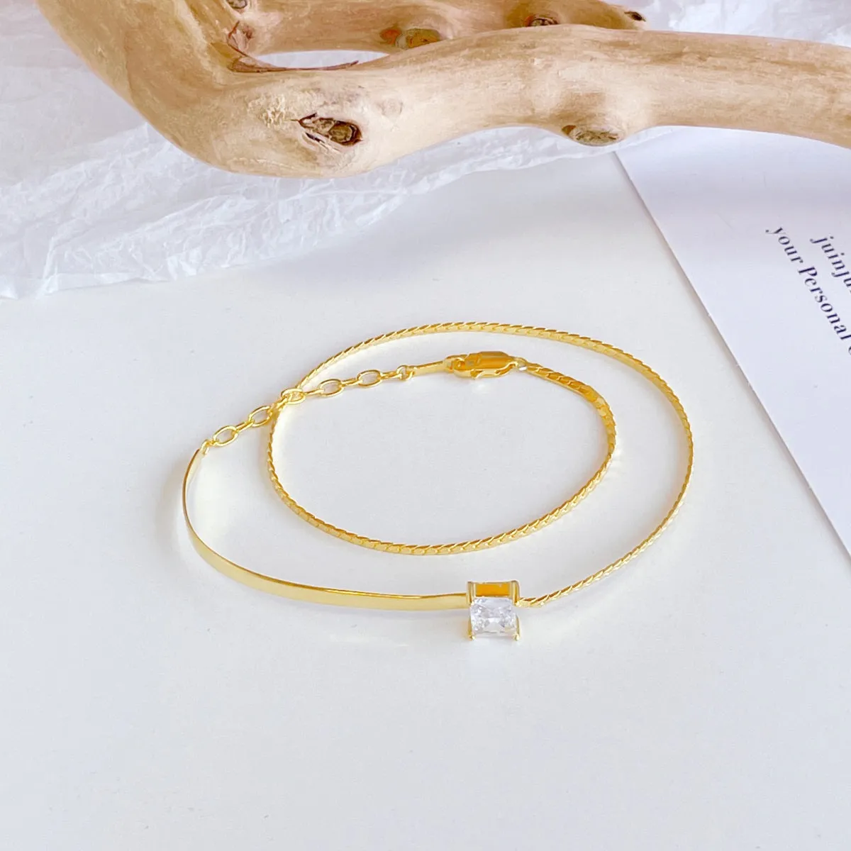 Gold Curved Bar Rectangular CZ Double Wrap Bracelet