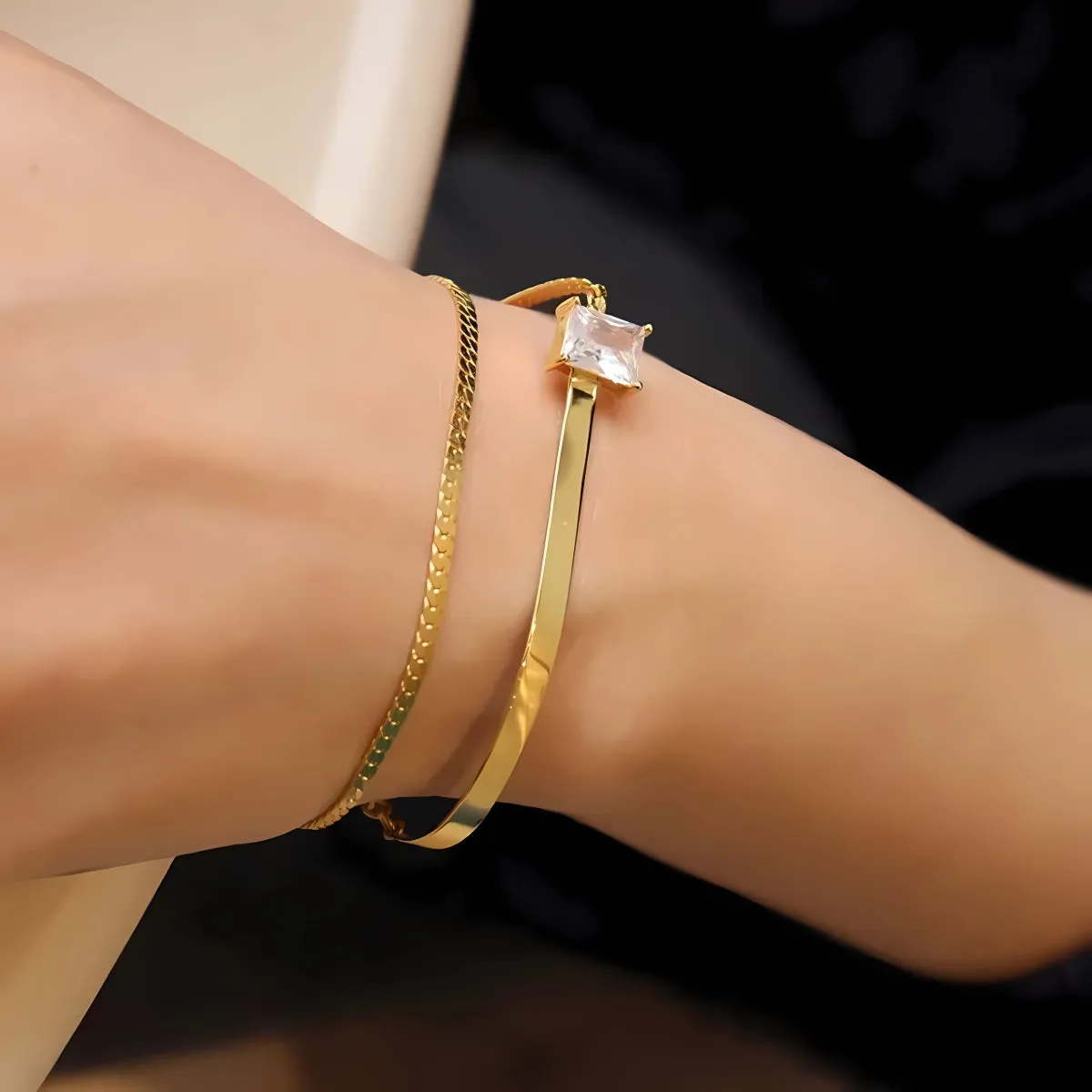 Gold Curved Bar Rectangular CZ Double Wrap Bracelet