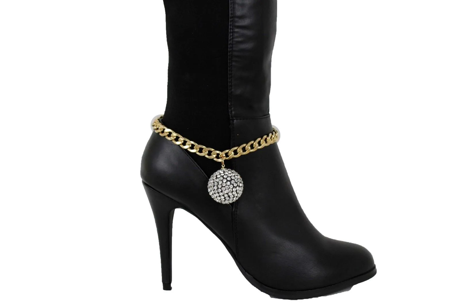 Gold Metal Chain Links Boot Bracelet Shoe Anklet Bling Disco Ball Charm