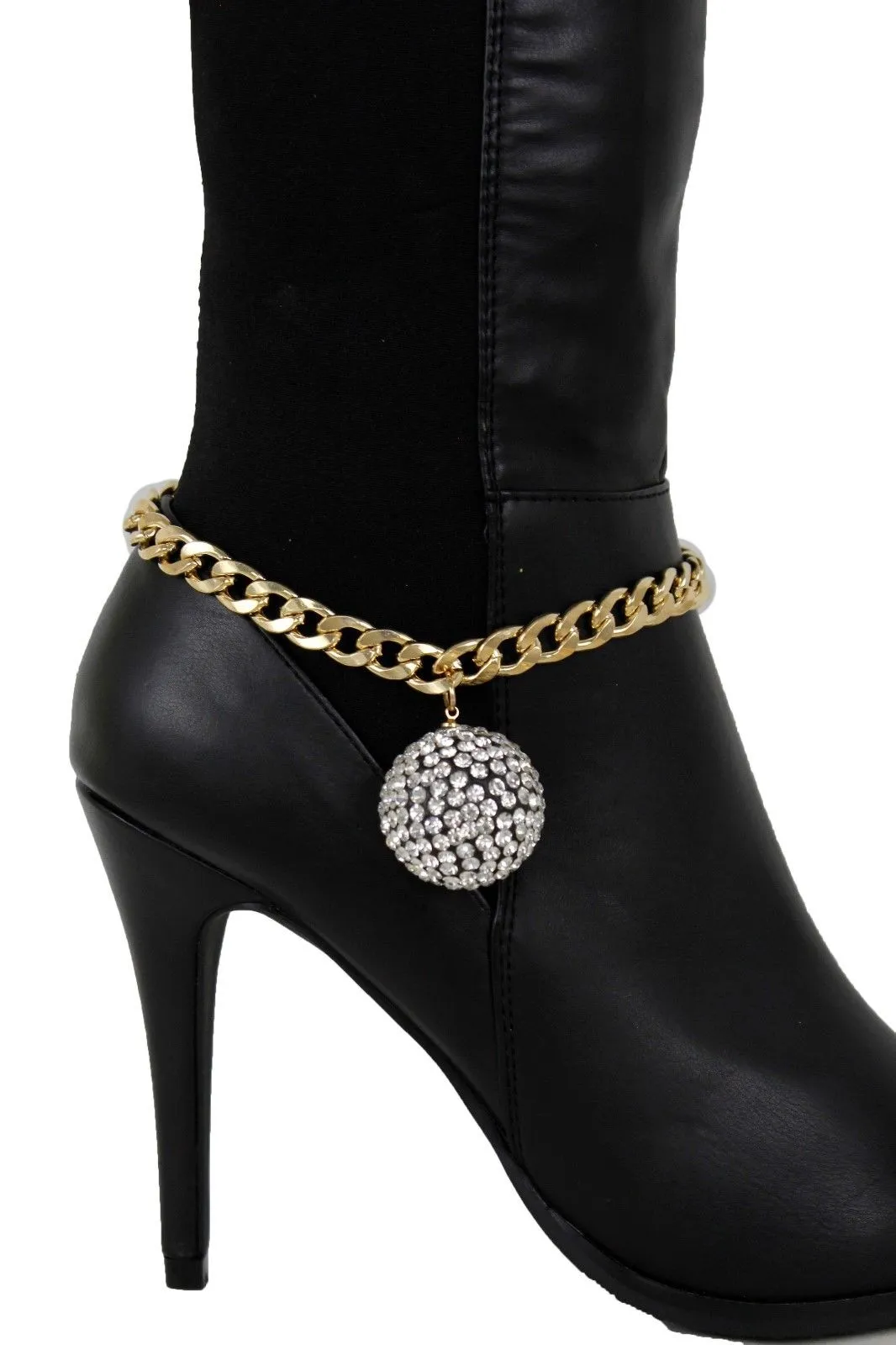 Gold Metal Chain Links Boot Bracelet Shoe Anklet Bling Disco Ball Charm