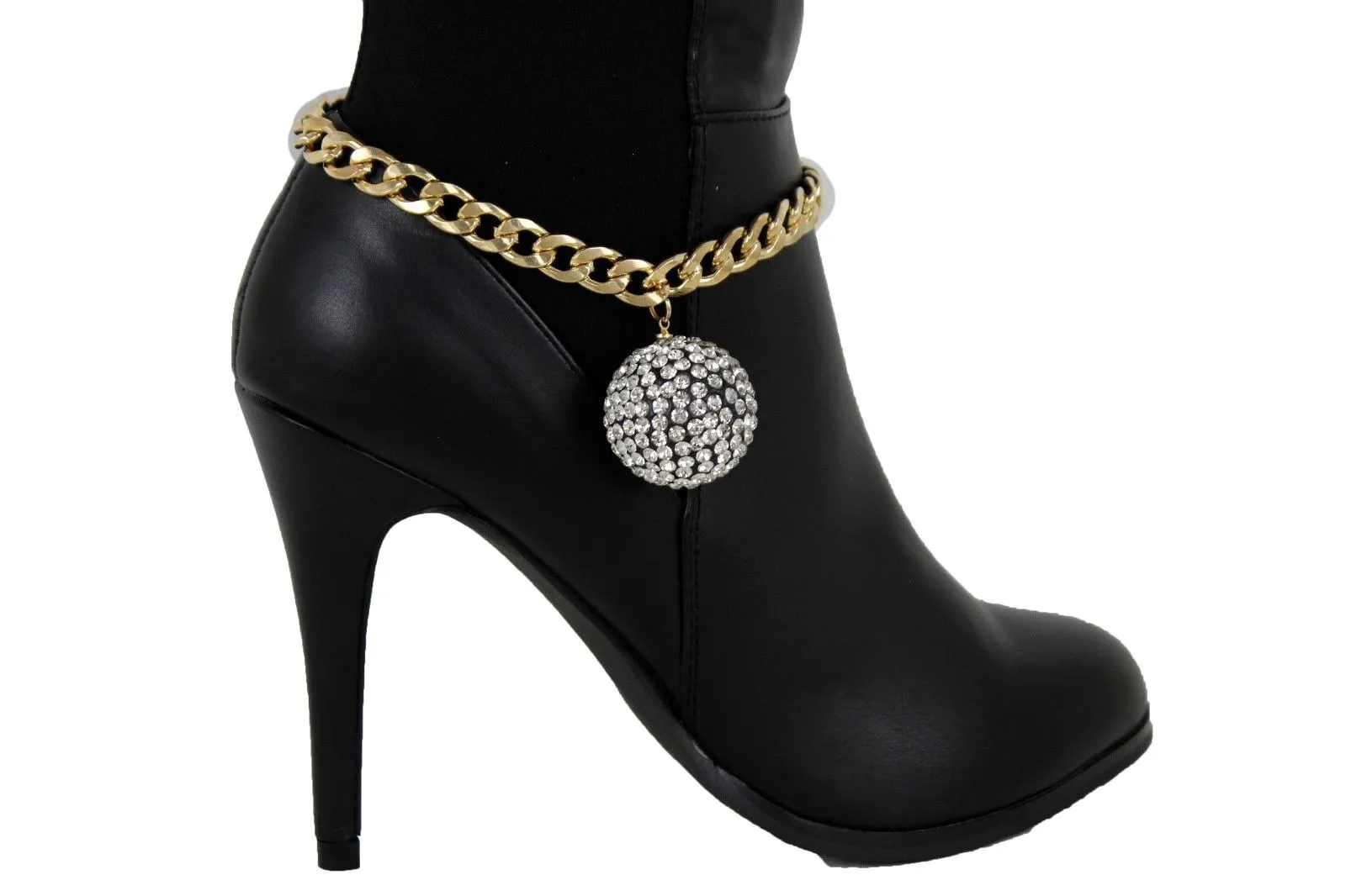 Gold Metal Chain Links Boot Bracelet Shoe Anklet Bling Disco Ball Charm