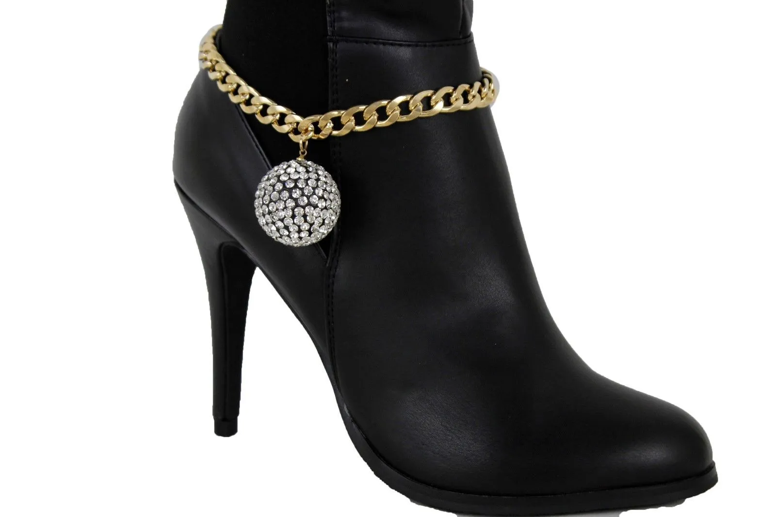 Gold Metal Chain Links Boot Bracelet Shoe Anklet Bling Disco Ball Charm