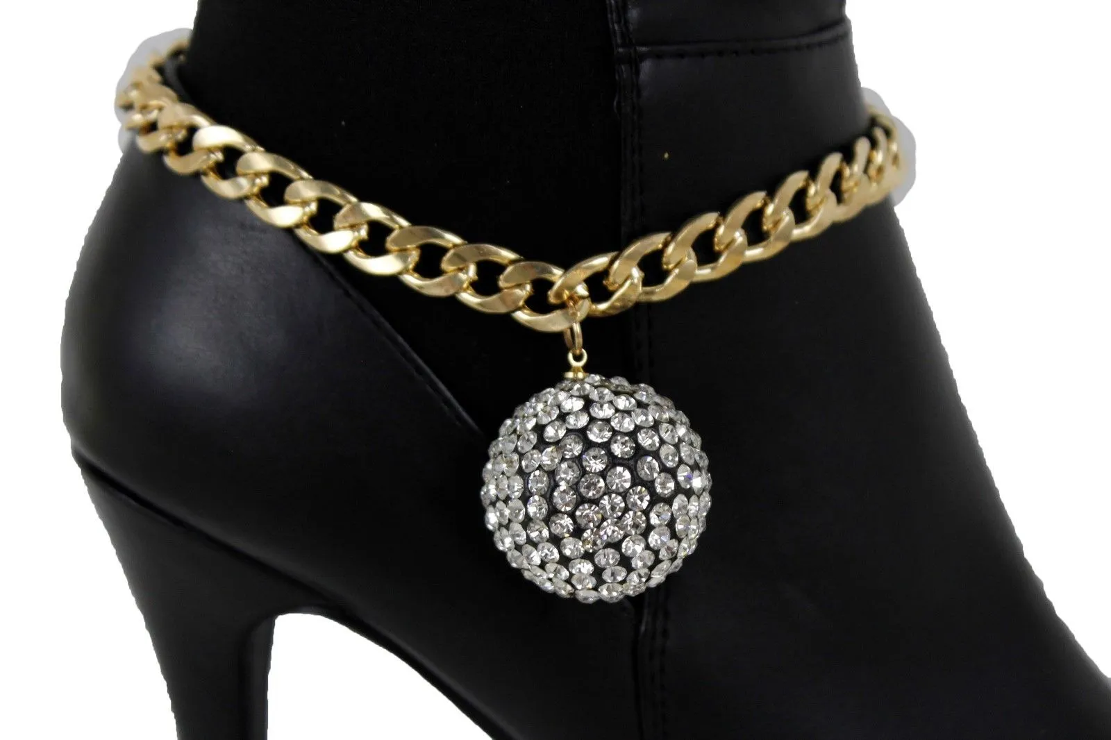 Gold Metal Chain Links Boot Bracelet Shoe Anklet Bling Disco Ball Charm