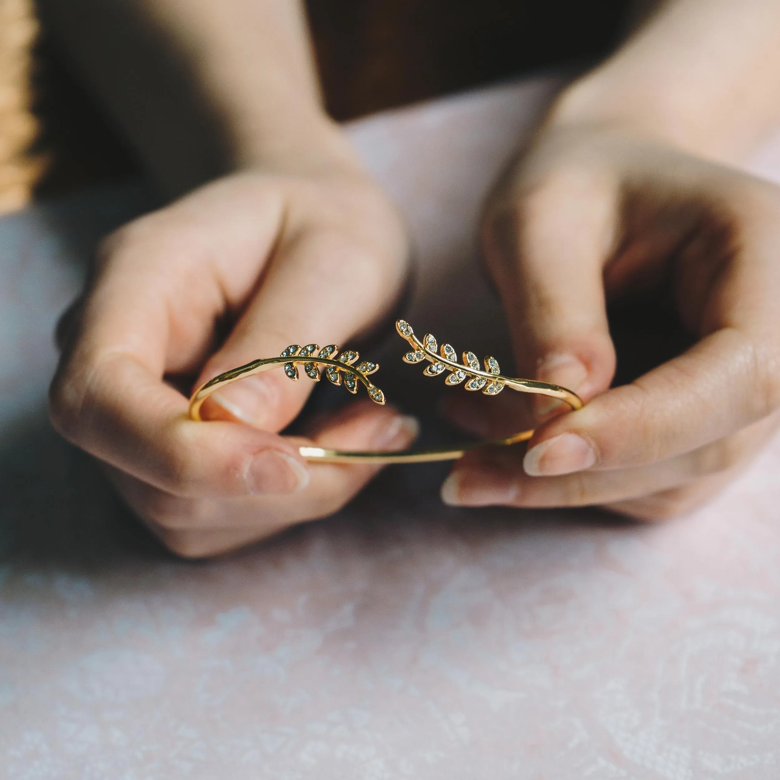 Gold Plated Leaf Bangle Created with Zircondia® Crystals