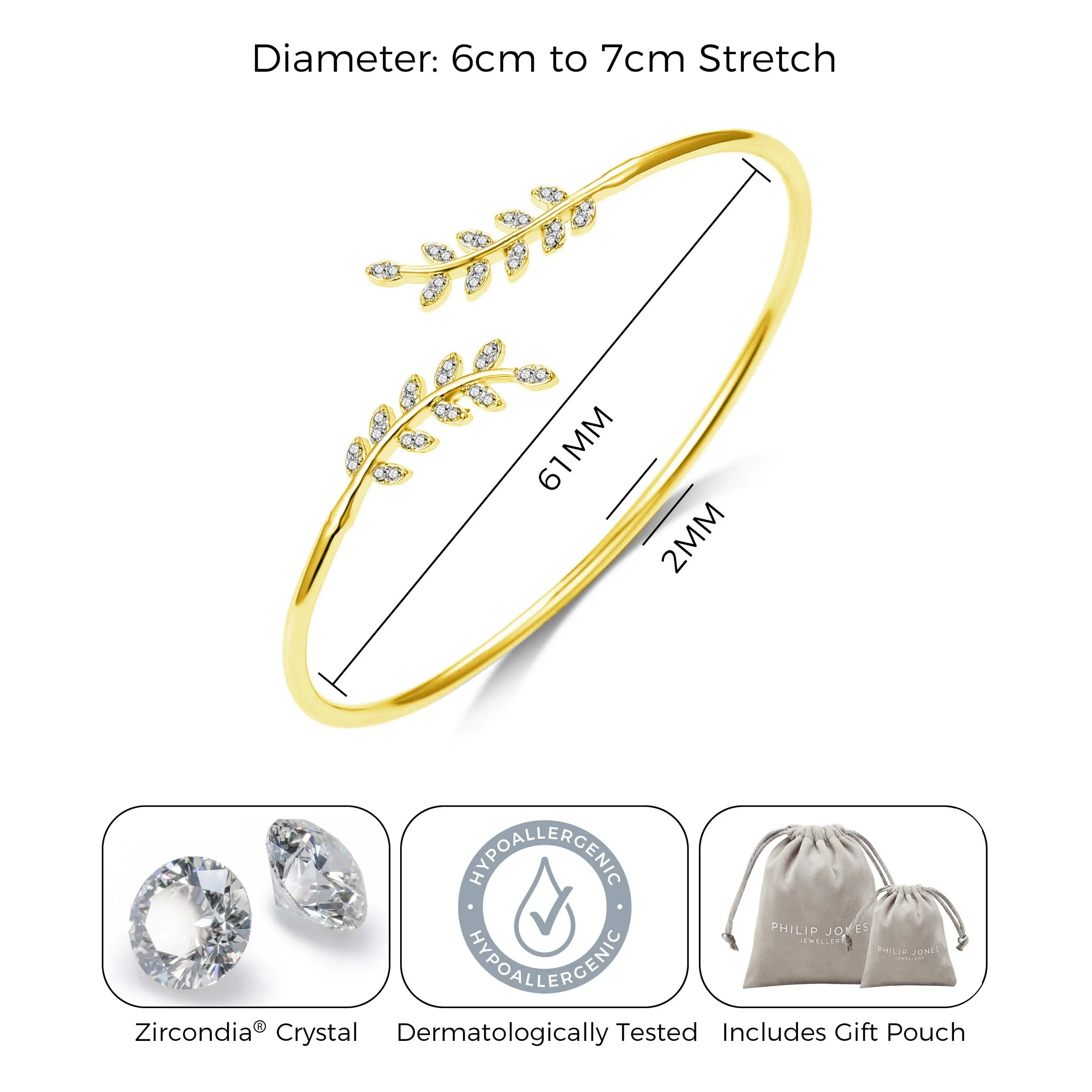 Gold Plated Leaf Bangle Created with Zircondia® Crystals