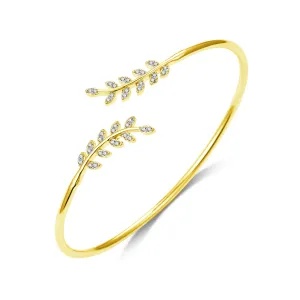 Gold Plated Leaf Bangle Created with Zircondia® Crystals