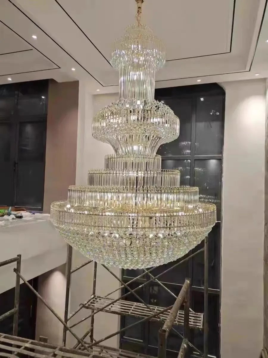 Golden Era Grand Cascade Clear Crystal Chandelier for High-ceiling