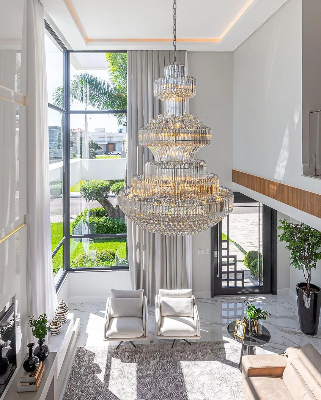 Golden Era Grand Cascade Clear Crystal Chandelier for High-ceiling