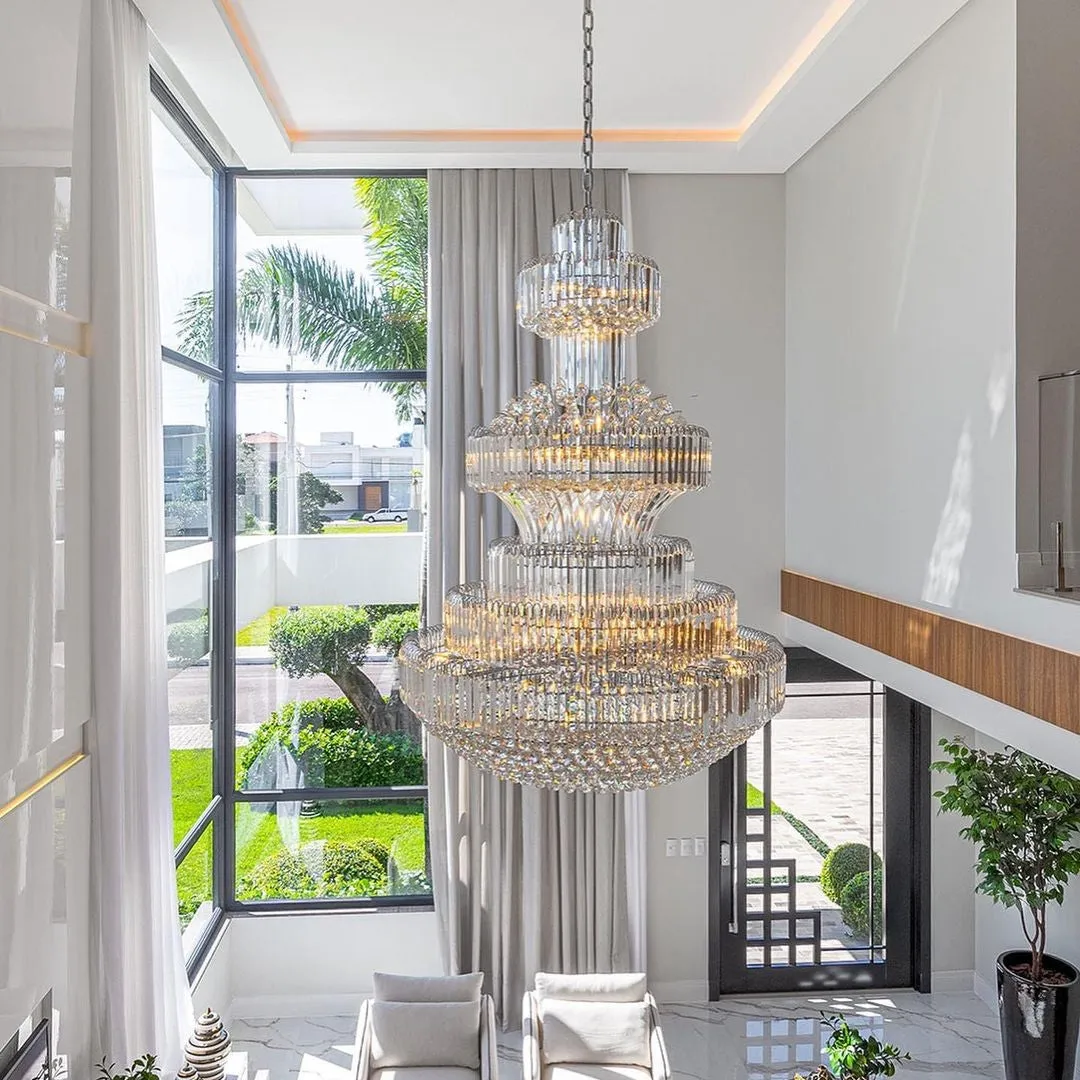 Golden Era Grand Cascade Clear Crystal Chandelier for High-ceiling