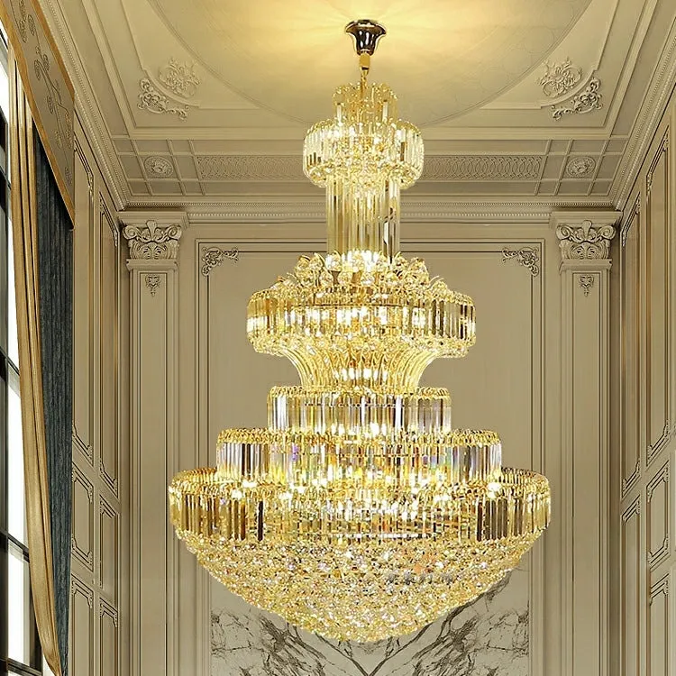 Golden Era Grand Cascade Clear Crystal Chandelier for High-ceiling