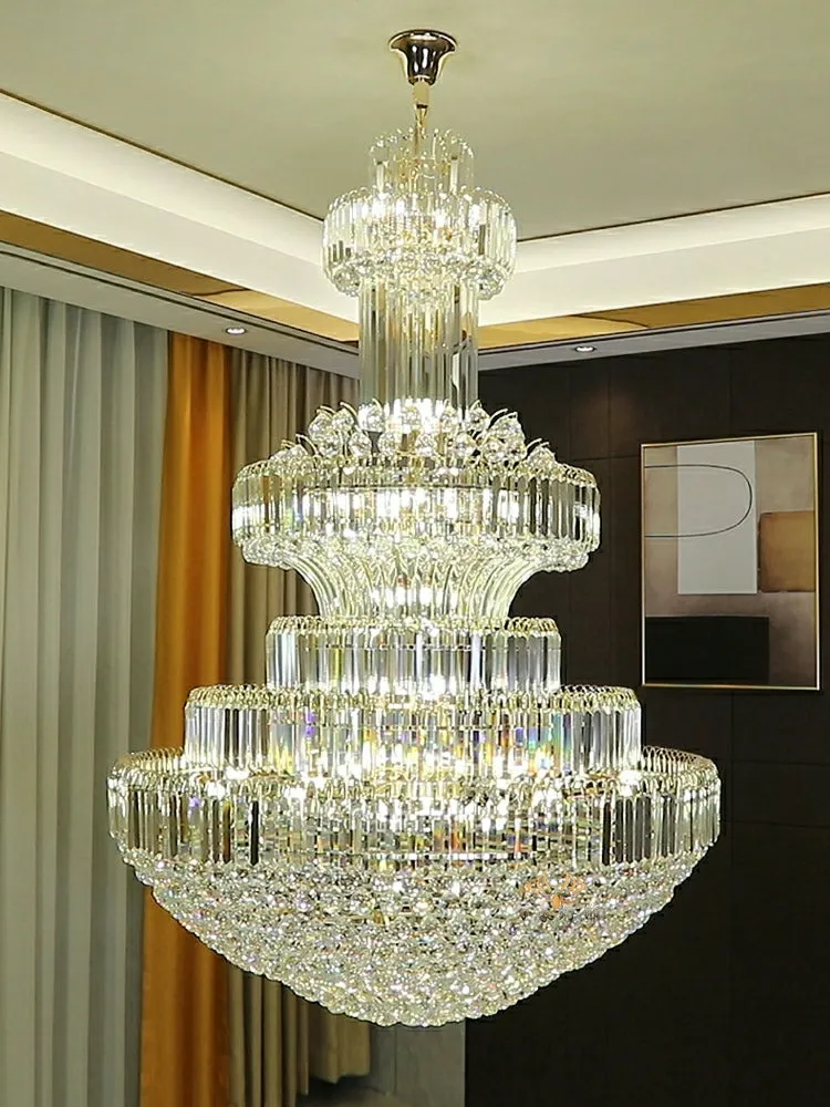 Golden Era Grand Cascade Clear Crystal Chandelier for High-ceiling