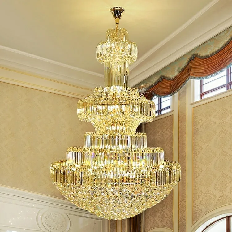 Golden Era Grand Cascade Clear Crystal Chandelier for High-ceiling