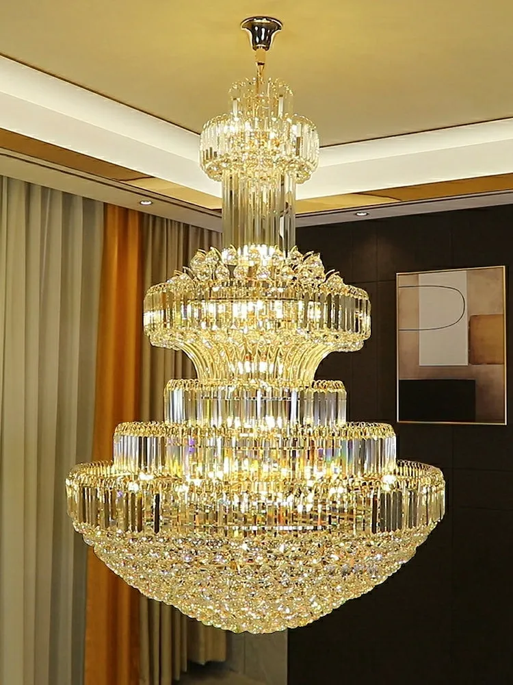 Golden Era Grand Cascade Clear Crystal Chandelier for High-ceiling