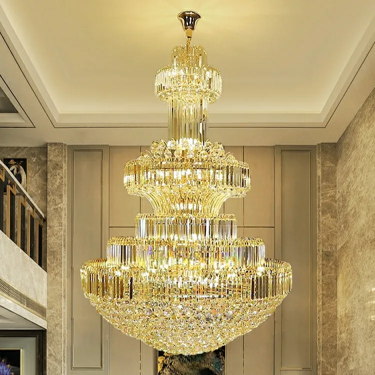 Golden Era Grand Cascade Clear Crystal Chandelier for High-ceiling