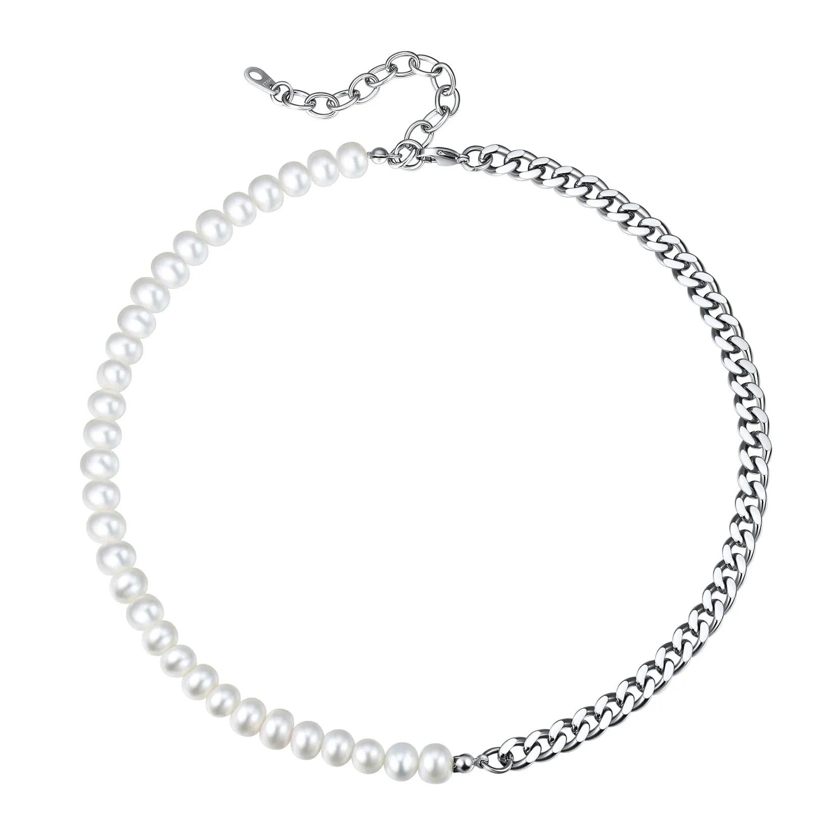 Half 8MM White Pearl and Half 8MM Cuban Link Choker Necklace