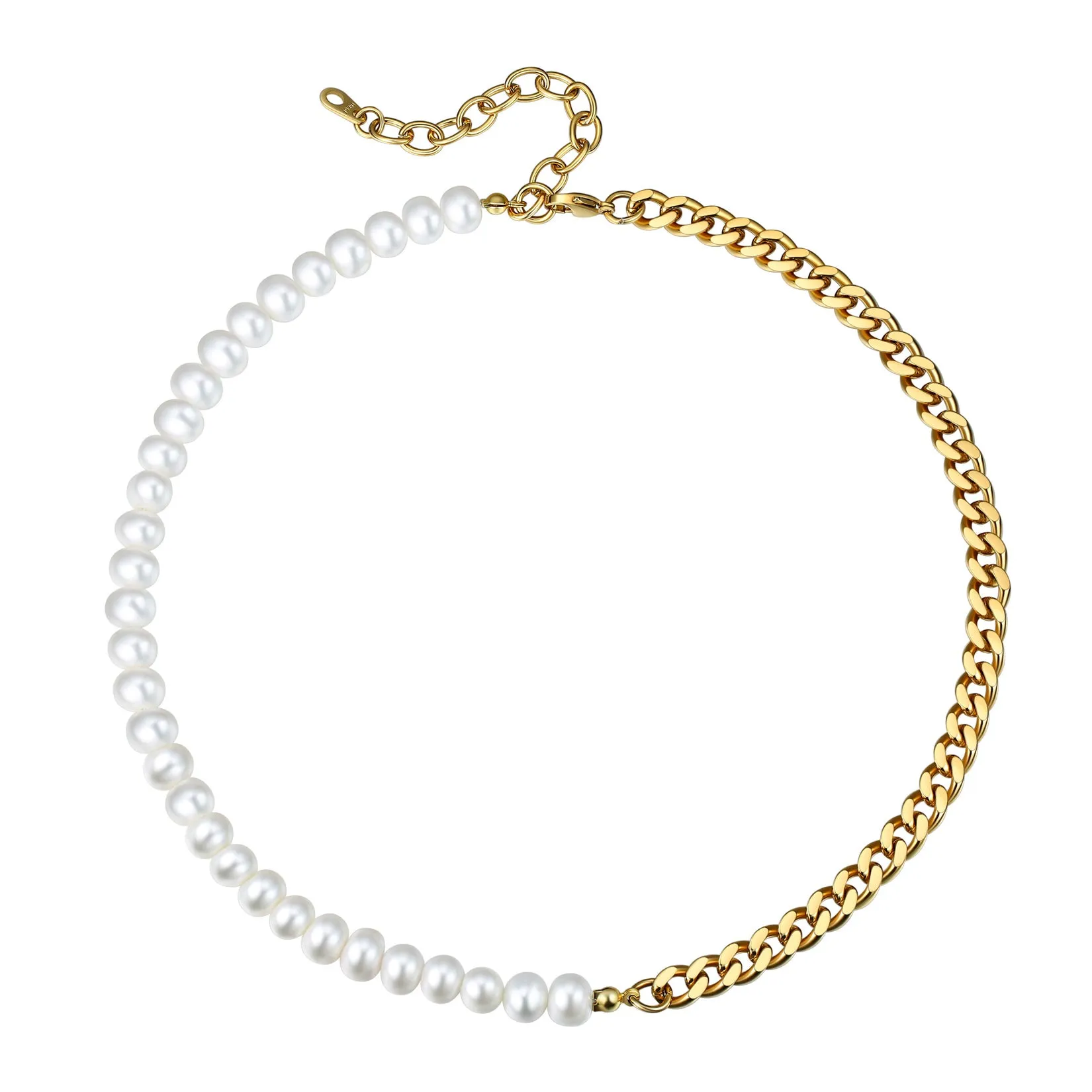 Half 8MM White Pearl and Half 8MM Cuban Link Choker Necklace