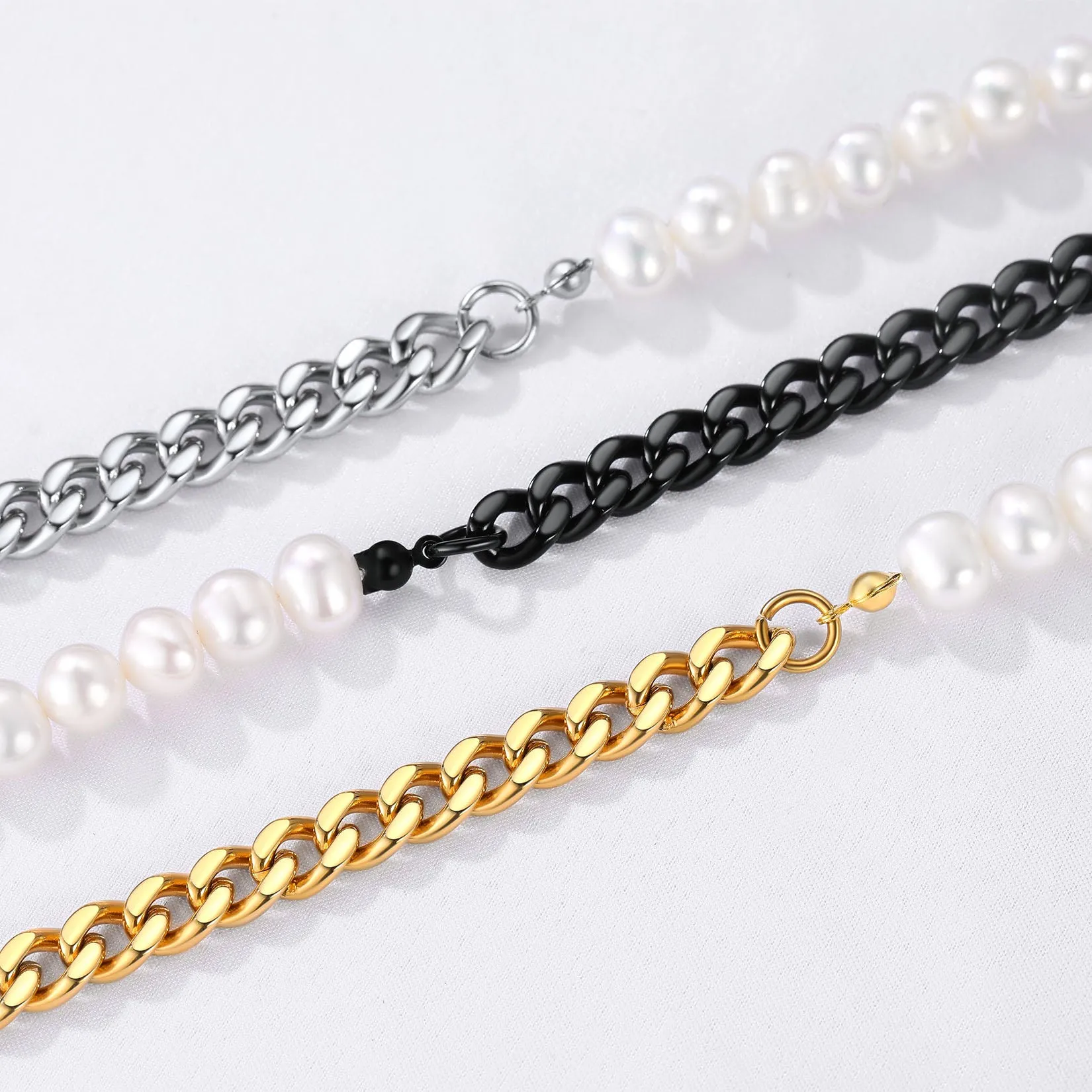 Half 8MM White Pearl and Half 8MM Cuban Link Choker Necklace