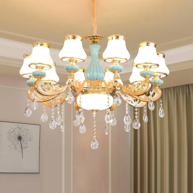 Handblown Glass Gold Chandelier Pendant with Crystal Accent - Retro Bud Light Fixture