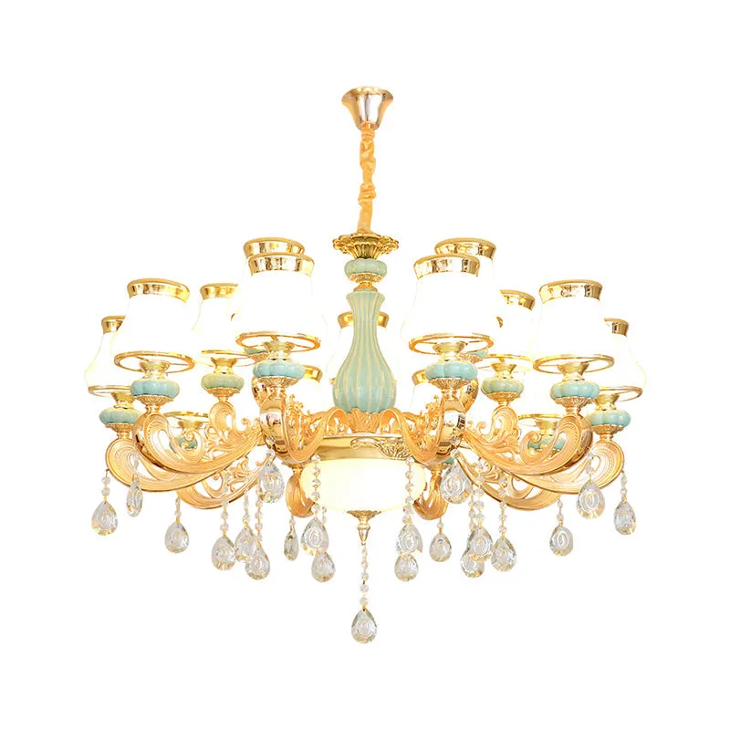 Handblown Glass Gold Chandelier Pendant with Crystal Accent - Retro Bud Light Fixture