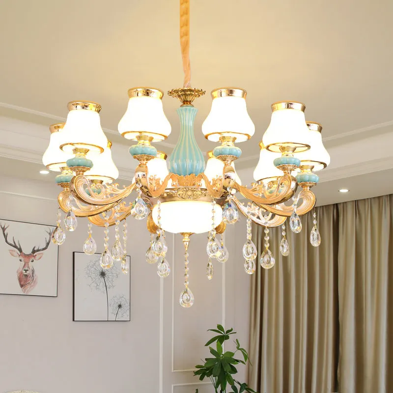 Handblown Glass Gold Chandelier Pendant with Crystal Accent - Retro Bud Light Fixture