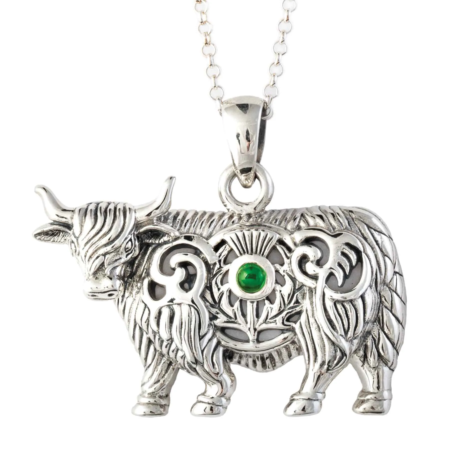 Highland Cow & Scottish Thistle Pendant Necklace with Emerald Gemstone