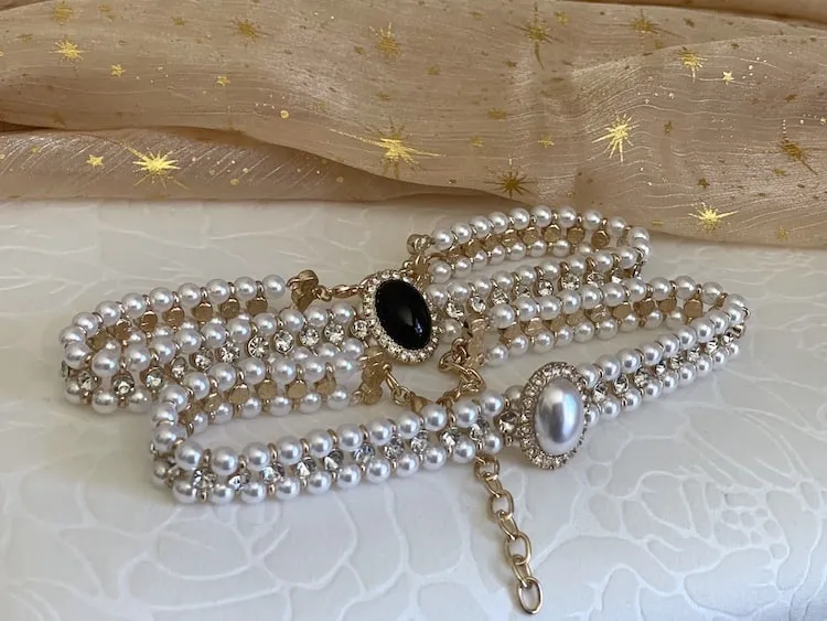 Historically Inspired Pearl Beaded Choker Necklace with Glass Crystal Accents in White & Gold