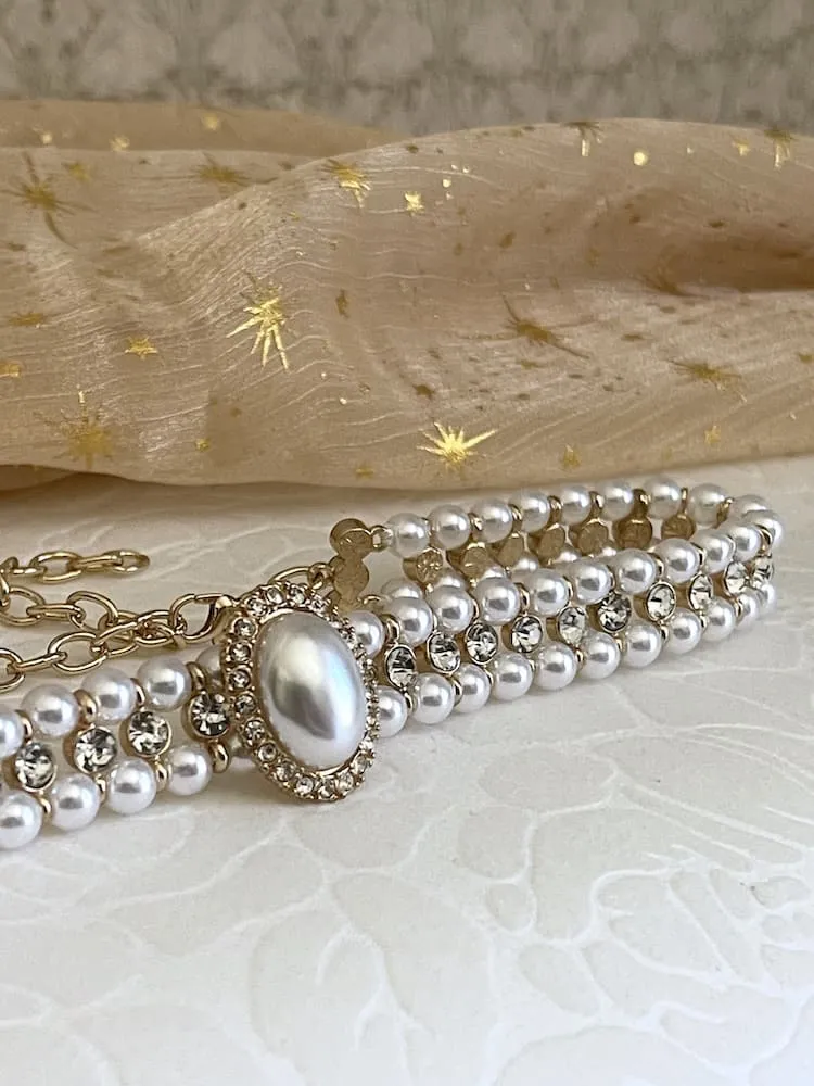 Historically Inspired Pearl Beaded Choker Necklace with Glass Crystal Accents in White & Gold