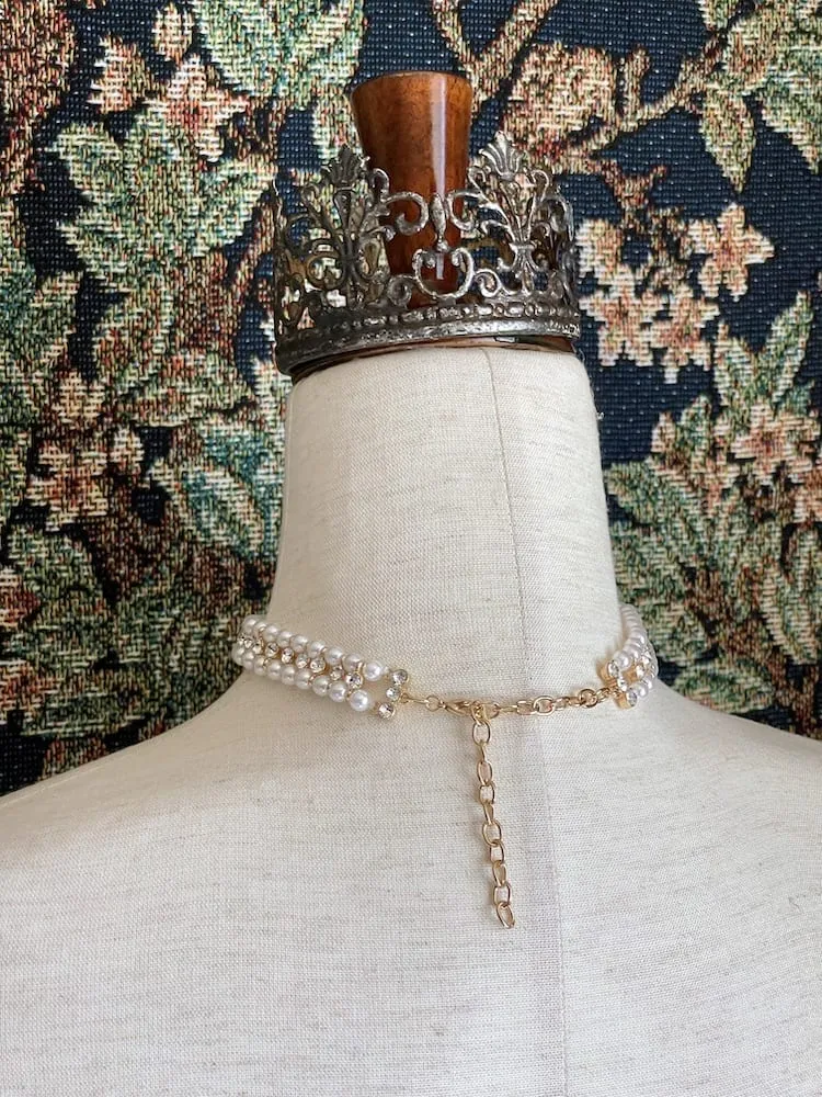 Historically Inspired Pearl Beaded Choker Necklace with Glass Crystal Accents in White & Gold