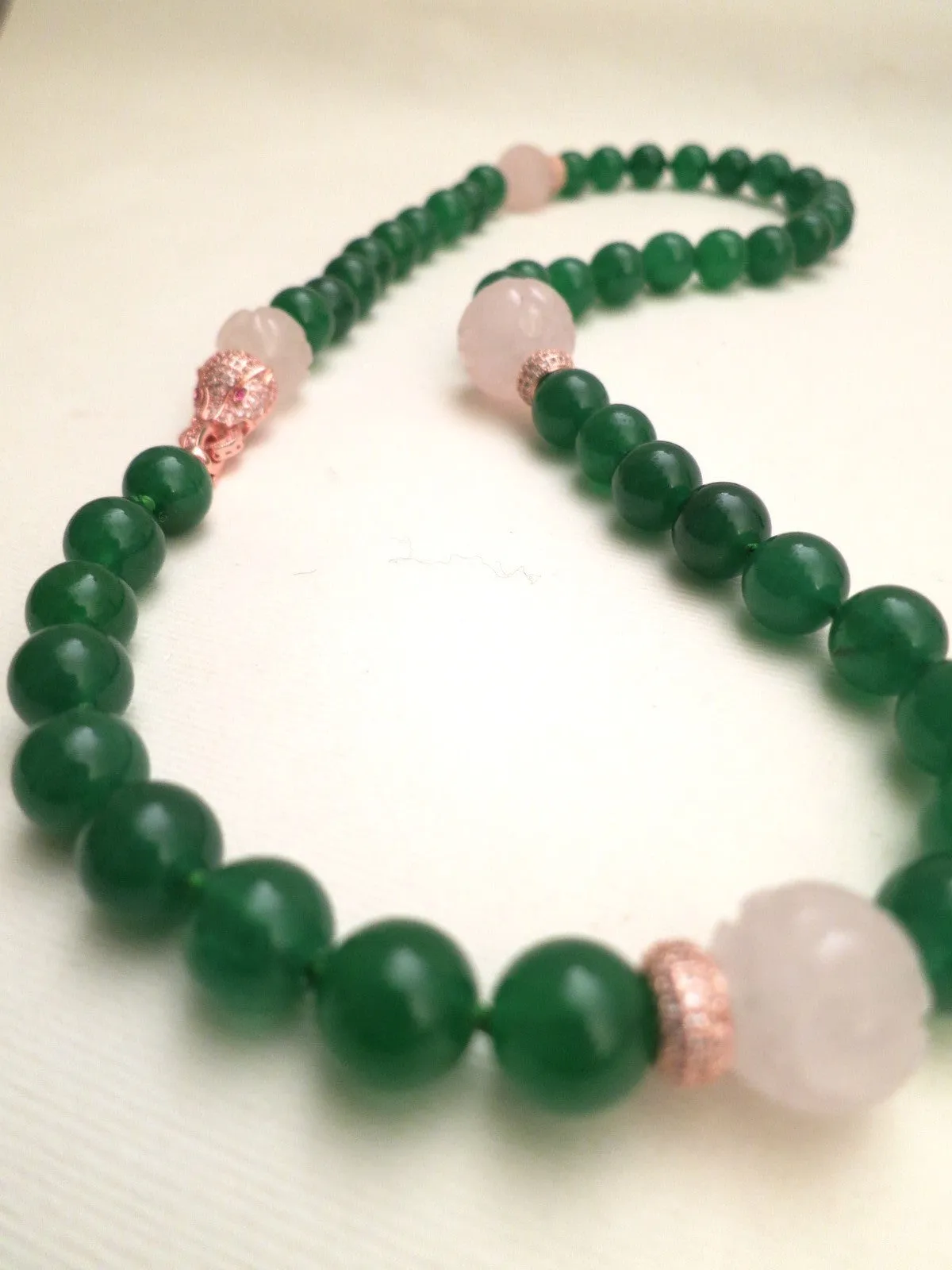 Imperial Green Color Round Jade and Rose Quartz Carved Bead Necklace