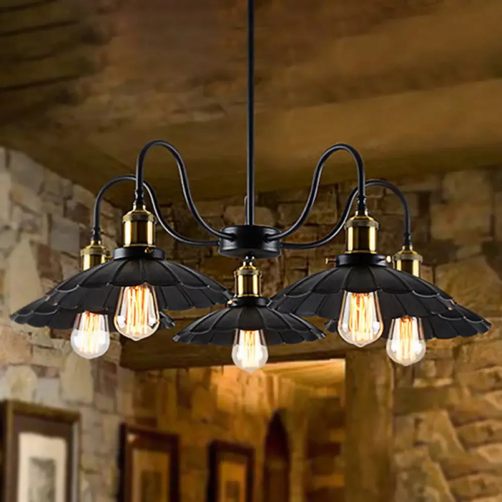 Industrial Metal Chandelier with Scalloped Design - Black Finish, 5 Heads, Indoor Pendant Lighting