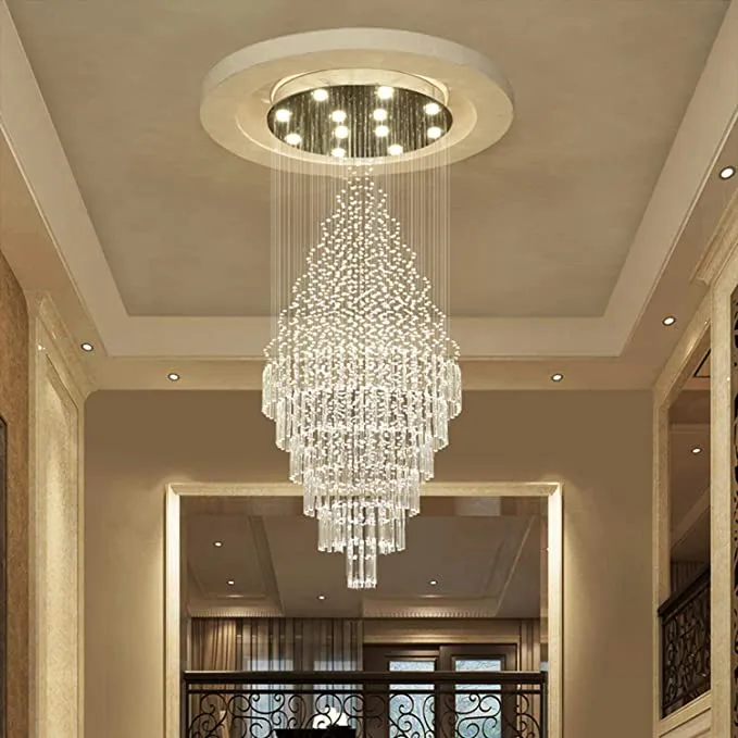 Large Foyer Crystal Chandelier Raindrop Crystal Flush Mount Ceiling Light Fixture For Entryway/ Staircase