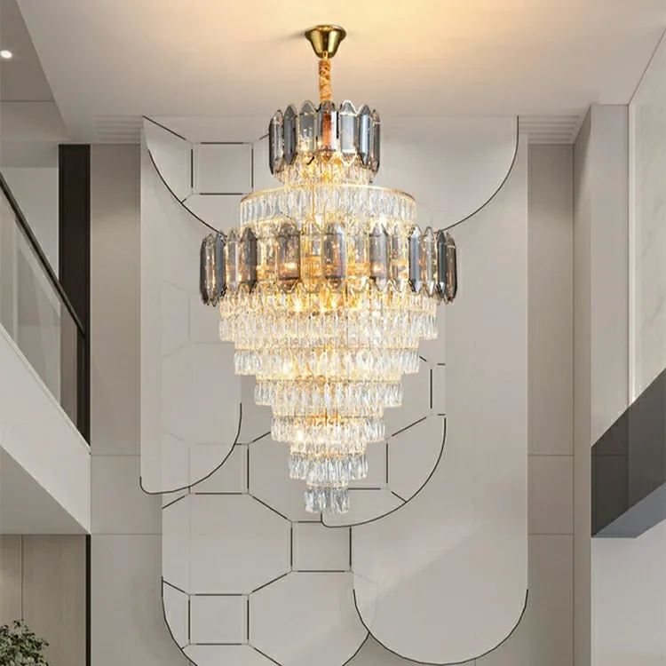 Large Staircase Crystal Chandelier Living Room Ceiling Light Fixture For Hotel Entrance In Gold Finish