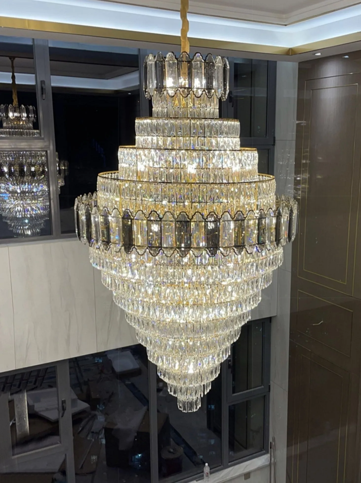 Large Staircase Crystal Chandelier Living Room Ceiling Light Fixture For Hotel Entrance In Gold Finish