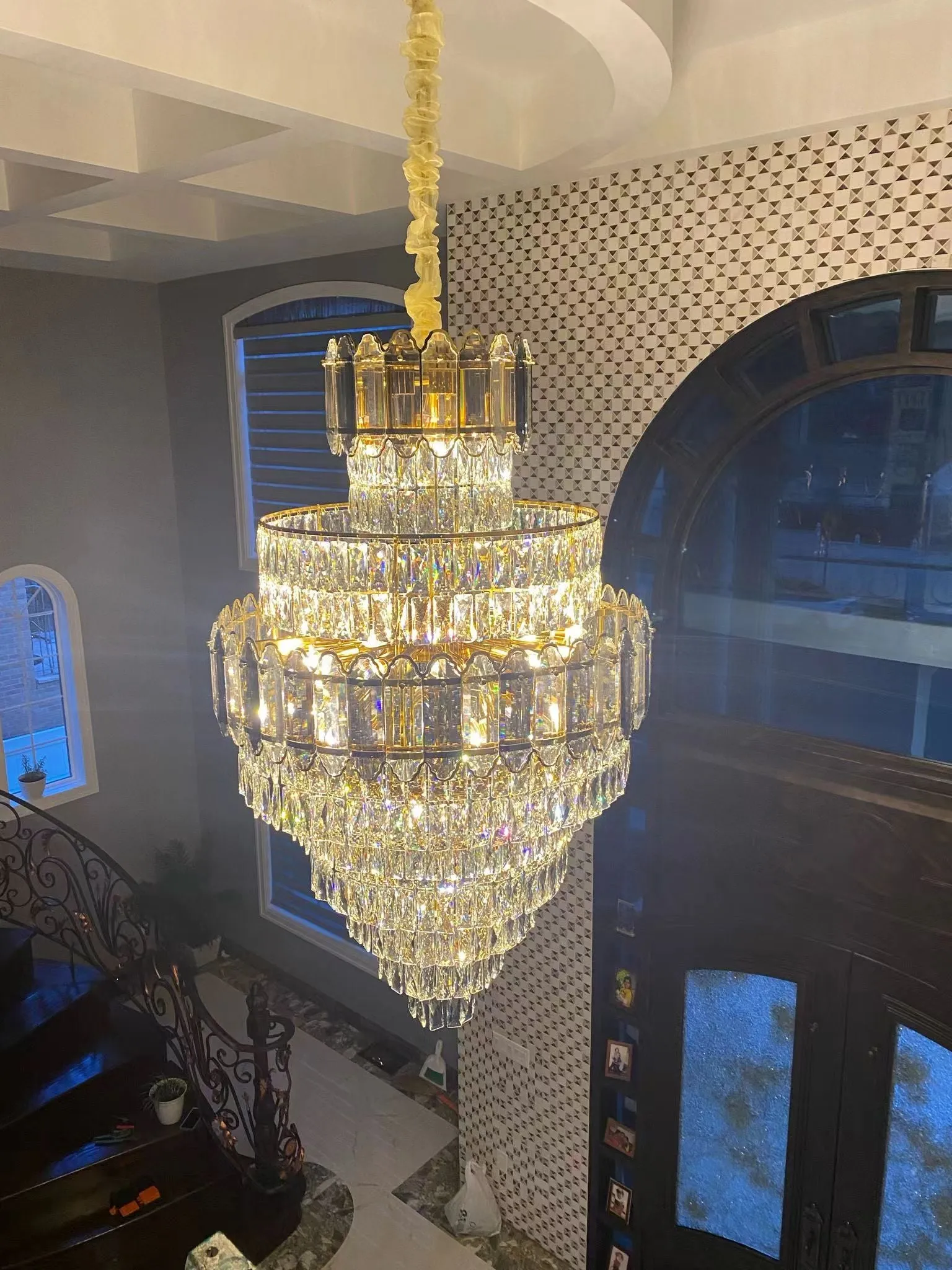 Large Staircase Crystal Chandelier Living Room Ceiling Light Fixture For Hotel Entrance In Gold Finish