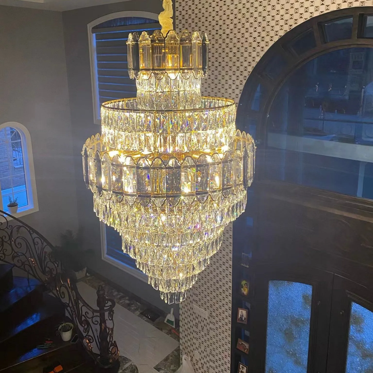 Large Staircase Crystal Chandelier Living Room Ceiling Light Fixture For Hotel Entrance In Gold Finish