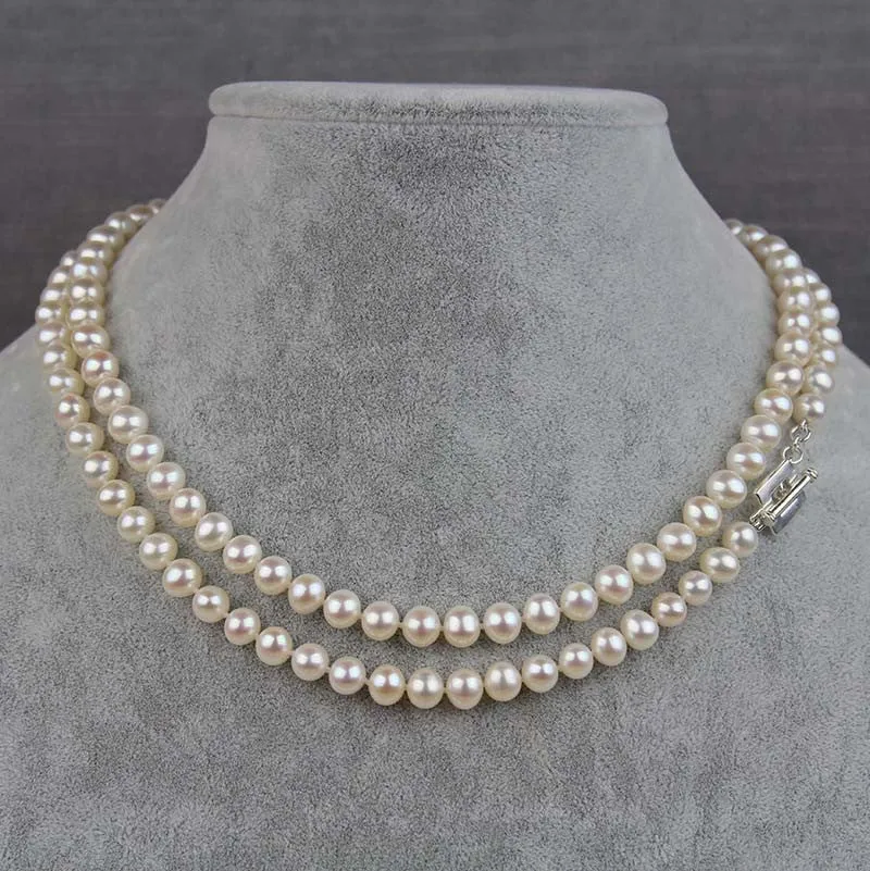 Long Single Strand Pearl Necklace | AAA 7.5-8mm Natural White Freshwater Cultured