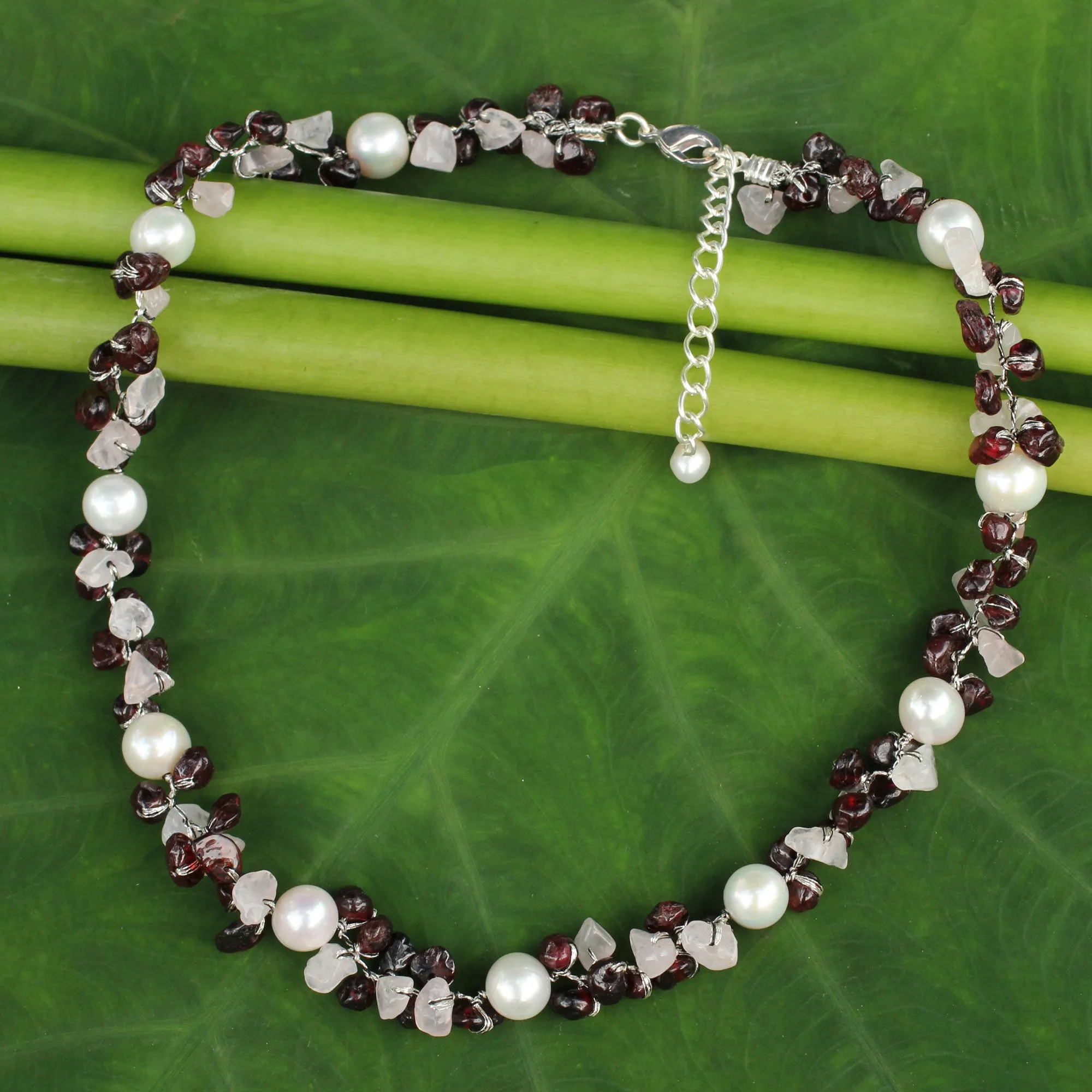 Luscious Chic Garnet Pearl & Silver Beaded Necklace